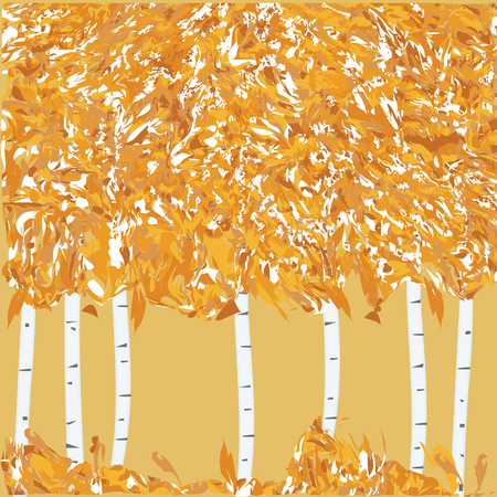 Autumn banner - birch grove, yellow leaves, grass - grunge style - art creative modern illustration, vector.のイラスト素材