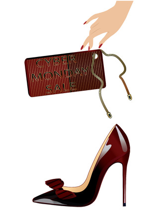 Cyber Monday Sale - realistic high-heeled shoe, lacquered, burgundy black - badge label on chain, woman hand, - isolated on white background - art creative modern vectorのイラスト素材