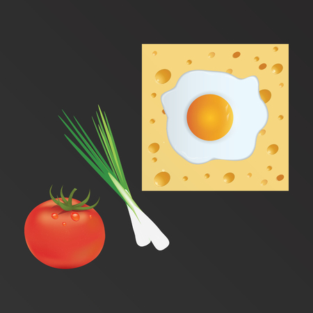 Fried eggs, cheese, green onion, red tomato - on a black background, realistic - art creativity modern miniature. Vector illustrationのイラスト素材