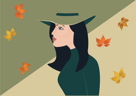 Autumn banner - girl in hat, leaves - art creative modern illustration, vector.のイラスト素材