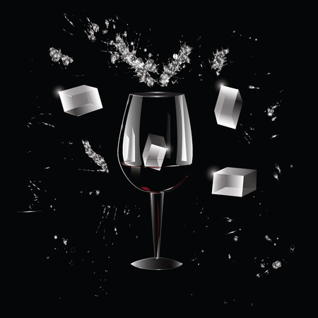 Glass of wine, ice, splashes - transparent - on black background - art creative modern vector illustrationのイラスト素材