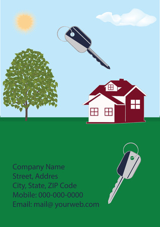 Banner Companies selling, buying, leasing real estate - cottage, keys, contact details, tree, sky, sun, grass, - art abstract creative modern illustration vectorのイラスト素材