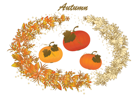 Autumn wreath - leaves - wildflowers - three beautiful pumpkins - isolated on white background - art creative vectorのイラスト素材