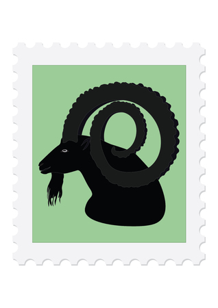 Postage stamp - Mountain goat - head in profile with big horns - isolated on white background - art creative illustrationのイラスト素材