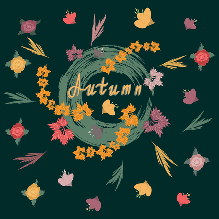 Autumnal wildflowers - hand inscription - dark green background - art creative vectorのイラスト素材