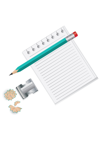 Stationery set - sheet is lined up for entries - pencil, sharpener with shavings - isolated on white background - vectorのイラスト素材
