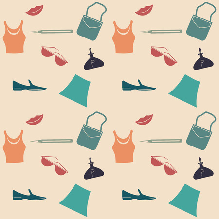 Fashion - female - dress, shoes, handbag, lips, glasses - Pattern on a light background - art vectorのイラスト素材