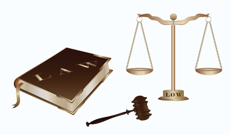 Book of law, hammer of the judge, Libra with cups on the chain, - isolated on white background - art vectorのイラスト素材