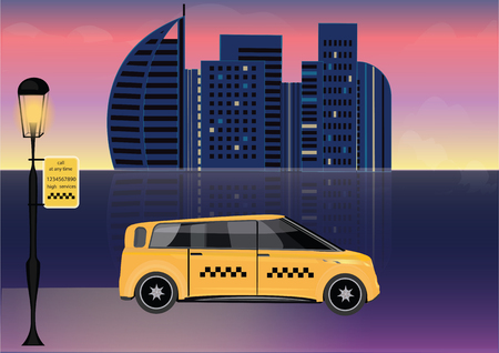 Taxi, lantern, billboard, night, city, reflection in water - art modern vector illustration.のイラスト素材