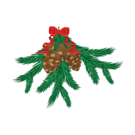 Red New Year`s bow with streamer - branches of Christmas tree, fir cones, - isolated on white - vector art illustrationのイラスト素材