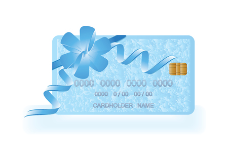 New Year's gift - bank card with winter snowy background - blue bow - isolated - vector art illustrationのイラスト素材