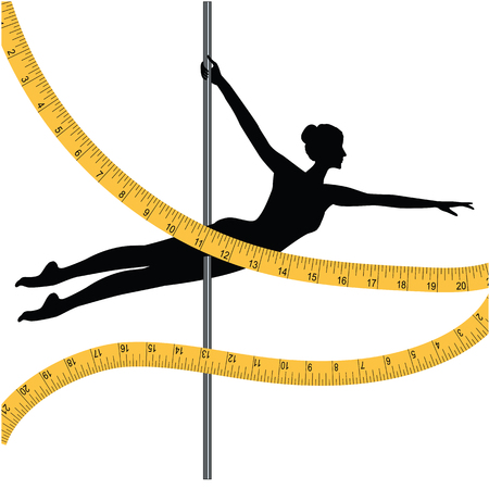 Sports dancing on pole - woman and measuring tape - isolated on white background - art vector illustration. Banner. Control of the figure.のイラスト素材