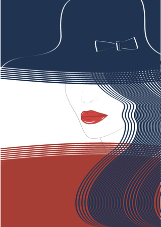 Sketch - female image in a hat, elegant, modern - red lips - isolated on white background - art vector illustrationのイラスト素材