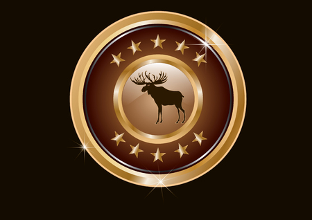 Round golden badge - in the heart of Deer with big horns - isolated on dark background - vector illustration art. Environment protection. Hunting Club.のイラスト素材