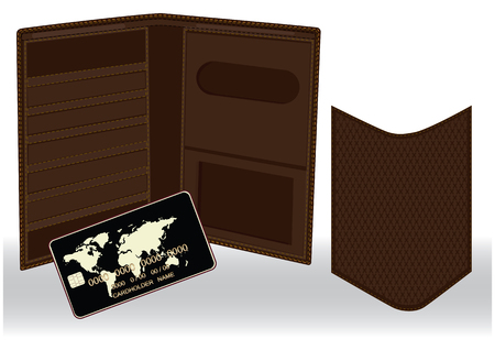 Businessman set - bank card with world map - wallet and cover - isolated on white - vector art illustrationのイラスト素材