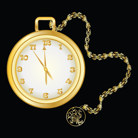 Gold Pocket watch on a chain - isolated on a black background - vector art illustrationのイラスト素材