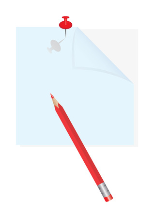 Illustrative post for note - with curved angle - red pusher and pencil - isolated on white background - vector imageのイラスト素材