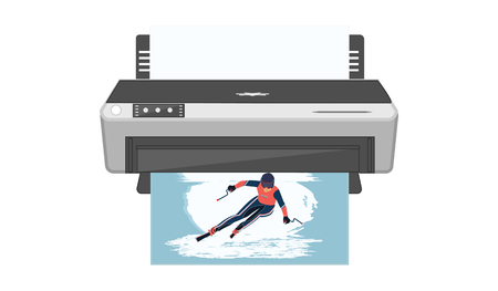 Printer with a photograph of a skier, flat style, isolated on white background. Art vector...
