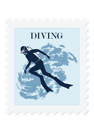 Postage stamp, diver in mask and fins. Isolated on white background. Vector art illustration. Sports collection.のイラスト素材