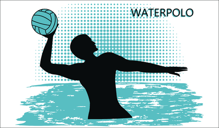 Water polo silhouette of player with ball, wave in grunge style. Isolated on white background, vector illustration.のイラスト素材