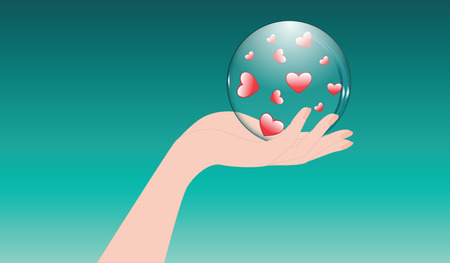 Transparent balloon with red hearts in a female hand. Vector art illustrationのイラスト素材