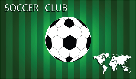 Soccer ball on a striped green background with the world map icon.Vector art illustration. Poster sports.のイラスト素材