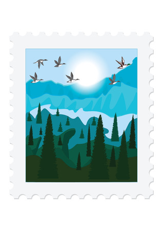 Postage stamp nature, flock of wild ducks, mountains, river, forest. Isolated on white background. Vector art illustration.のイラスト素材