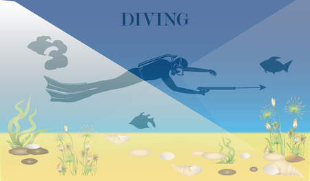 Underwater world, seaweed, seashells. Scuba diver with underwater gun. Vector art illustration.のイラスト素材