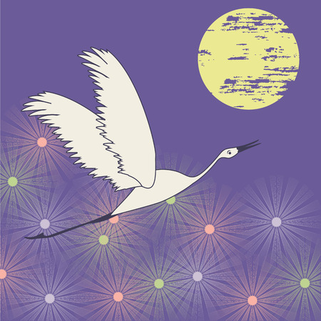 Crane, sun in grunge style abstract floral background. Vector art illustration. Spring poster.のイラスト素材