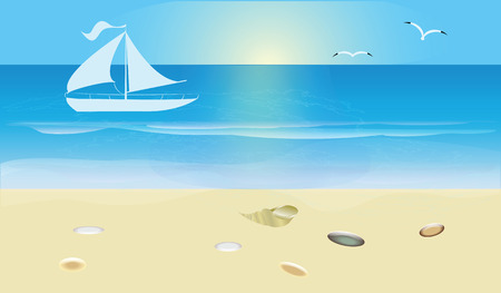 Blue seascape with surf and sandy beach, White yacht, sun, seagull. Art vector illustration. Travel poster.のイラスト素材