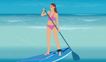 Surfer- woman stands on a board with a paddle, sea with waves in grunge style. Vector illustration, travel poster.のイラスト素材