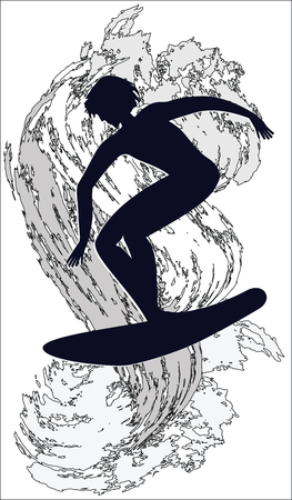 Sketch, surfer on a big wave in grunge style. Isolated on white background,  vector art illustration.のイラスト素材