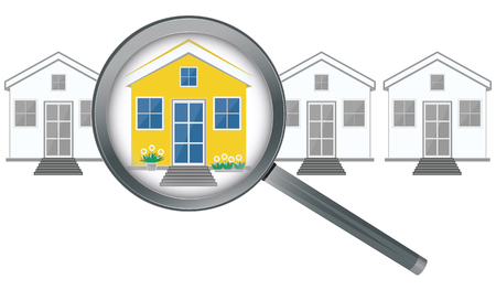 Magnifier and houses icon for the real estate agency. Isolated on white background, art vector illustration.のイラスト素材