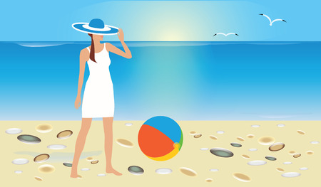 Seascape, woman in summer dress and hat stands on sandy beach. Art illustration vector travel poster.のイラスト素材