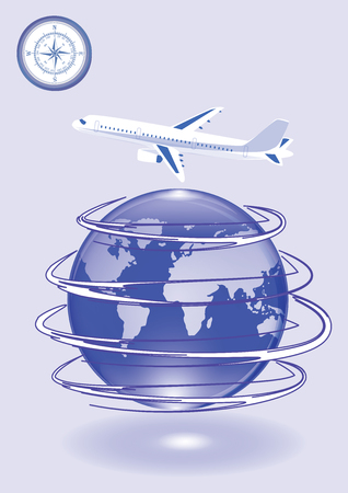 Globe, airplane, compass, isolated on white background. Vector illustration, travel poster.のイラスト素材