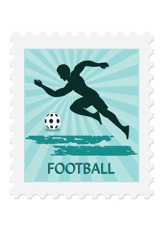 Postage stamp soccer player with ball, isolated on white background. =Vector art illustration. Sports collection.のイラスト素材