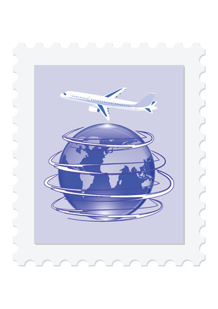 Postage stamp - Airplane flying around the globe - isolated on white background - vector art illustration.のイラスト素材
