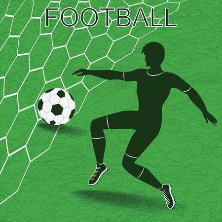 Silhouette of soccer player with ball, grid, abstract green soccer field. Art vector illustration.のイラスト素材
