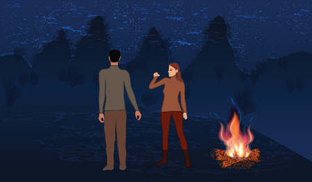 Night mountain landscape, milky Way, bonfire bright, man and Woman. Art creative vector illustration.のイラスト素材