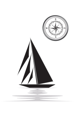 Compass and Sailboat, sketch - isolated on white background - art vector.のイラスト素材