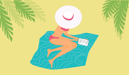 Woman in a swimsuit and wearing a sunbathe sits on a plaid with a tablet, tropical leaves on a yellow background - vector art illustrationのイラスト素材