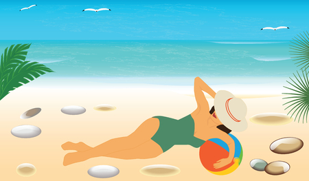 Seascape - woman in summer hat sunbathing on sandy beach. Art illustration vector travel poster.のイラスト素材