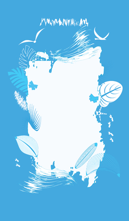 Frame in grunge style - exotic leaves, waves, seagulls - vector art illustration. Element for design. Travel Poster.のイラスト素材