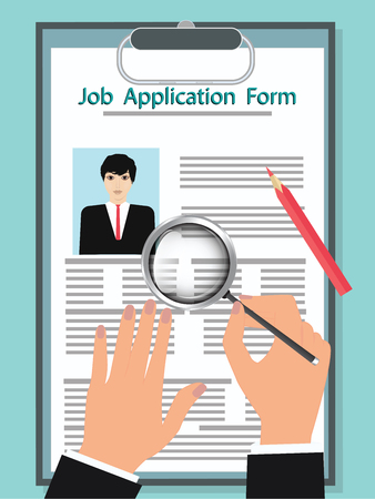 Application for work - form with photo, female hands, magnifying glass - art abstraction vector illustration Concept of human resources managementのイラスト素材