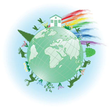 Globe - house, rainbow, animals, birds, plants - concept of ecologically clean world - art illustration vectorのイラスト素材
