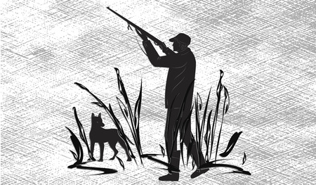 Hunter shoots with gun, hunting dog, abstract texture - morning fog - isolated on white background -art illustration vectorのイラスト素材