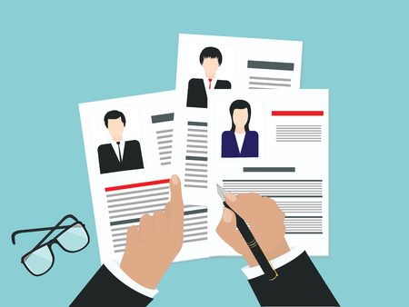 Personnel management - choice of candidate, resume forms with photo, flat style - vector illustration Concept of human resources managementのイラスト素材
