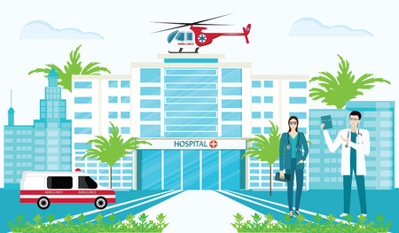 Hospital, doctors, auto and helicopter emergency ambulance, cityscape - art vectorのイラスト素材