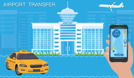 Taxi application - Hand with smartphone and touch screen - city buildings, airport, airplane - yellow taxi - vector illustration.のイラスト素材