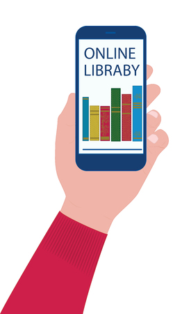 Online library - mobile application - Hand with a smartphone with books - isolated on white - art vectorのイラスト素材
